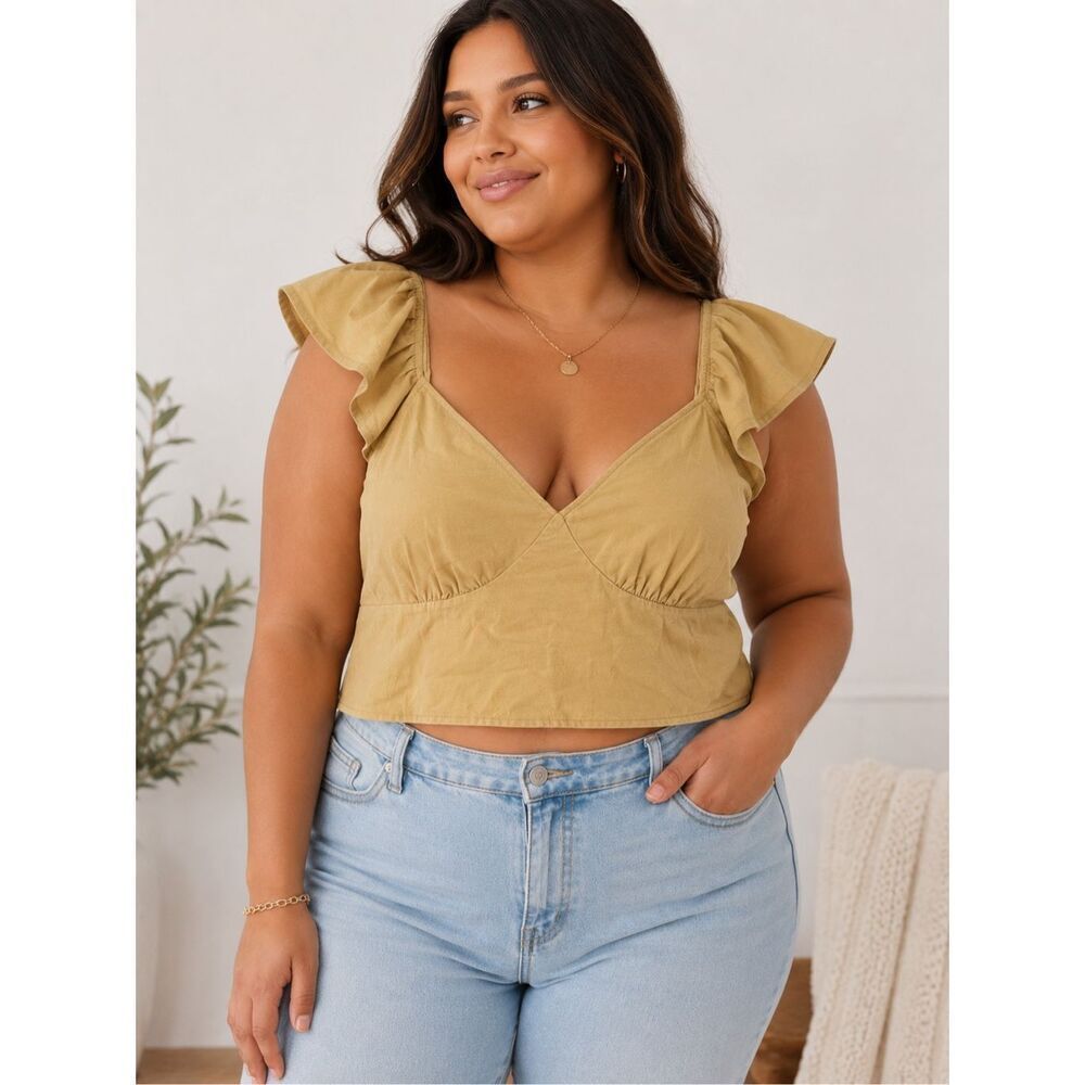 A New Day XL NWT Tan Cotton Ruffle Sleeve Crop Top Boho Coastal Blouse